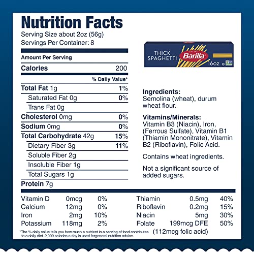 Barilla Thick Spaghetti Pasta, 16 oz. Box (Pack of 20) - Non-GMO, Durum Wheat Semolina Pasta for Family Meals
| Barilla