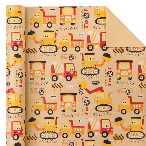 Kraft Construction Wrapping Paper for Kids Boys Birthday Party - 17 Inch x 16.5 Feet - Digger Tractor Truck Design
Kraft