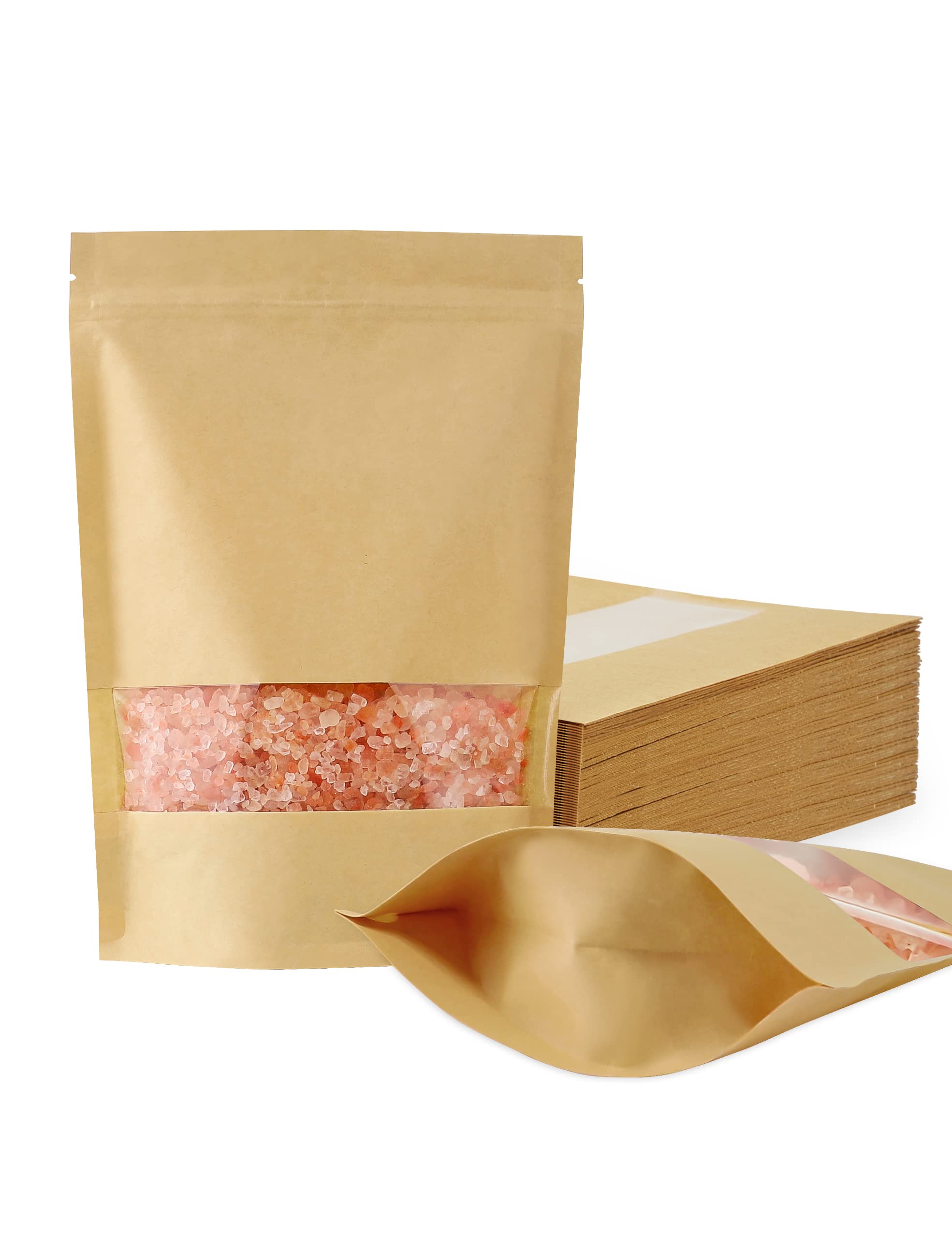FireKylin 100 Pcs Kraft Paper Bags with Window, Reusable Zip Lock Food Storage Bags for Packaging, 5.5" x 7.9" Stand Up