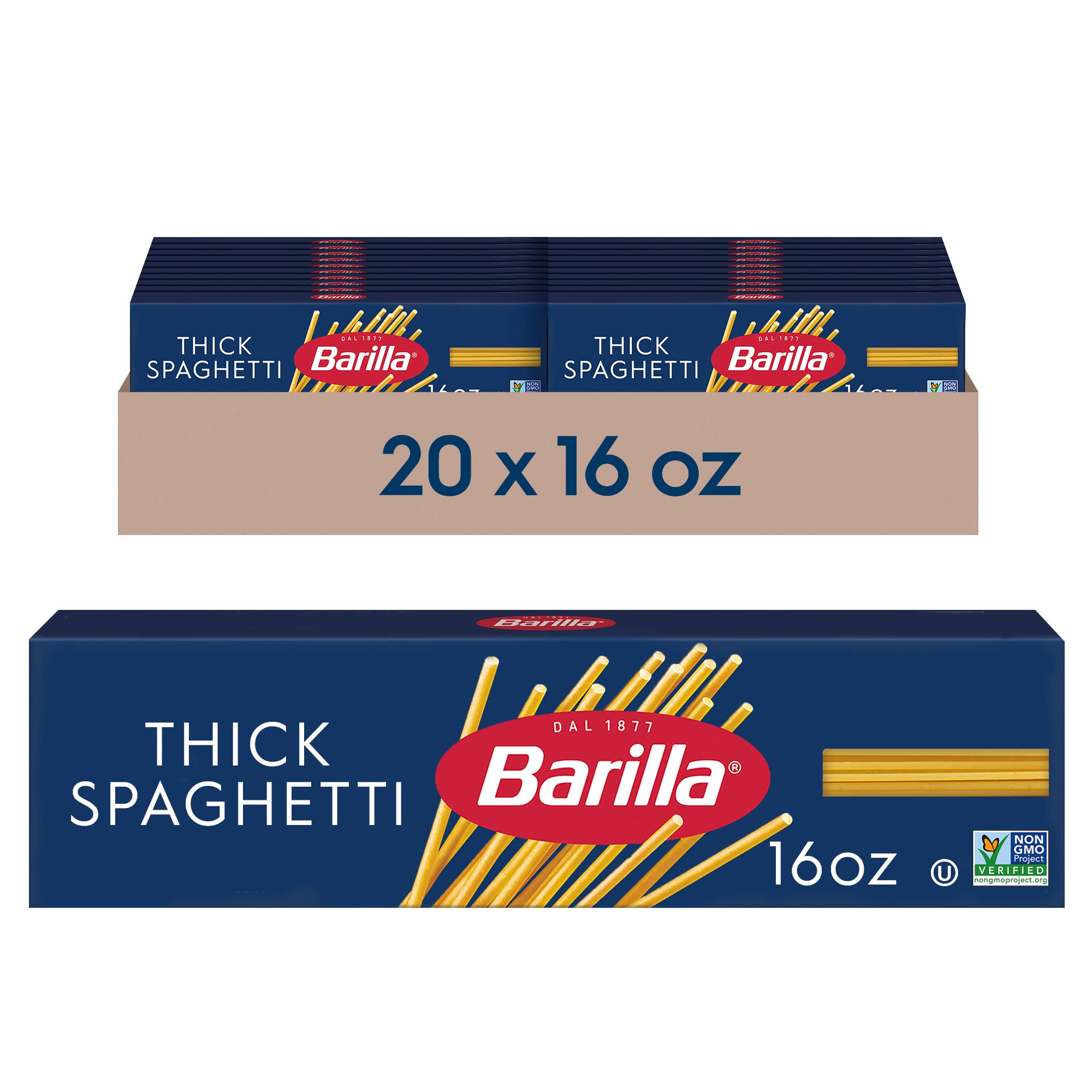 Barilla Thick Spaghetti Pasta, 16 oz. Box (Pack of 20) - Non-GMO, Durum Wheat Semolina Pasta for Family Meals
| Barilla