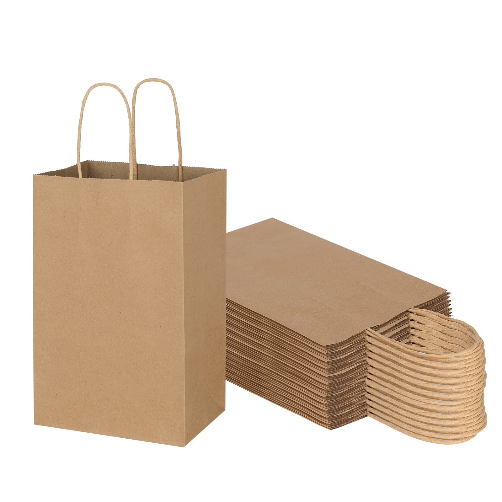 Toovip Small Plain Brown Kraft Paper Bags for Gift Birthday Party Business Bulk 50 Pack 5.25x|25x8.25 Inch Goody Bags Ta
