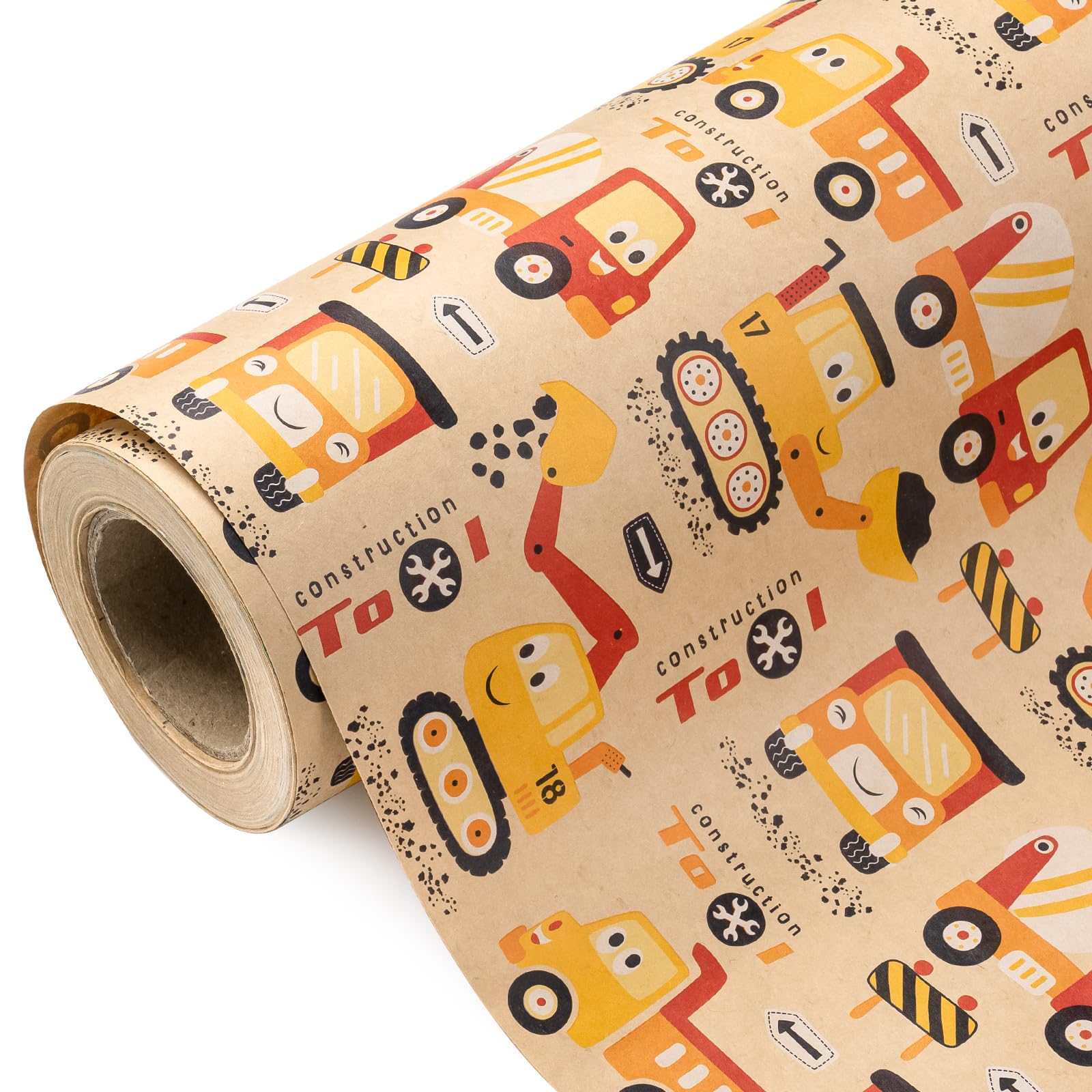 Kraft Construction Wrapping Paper for Kids Boys Birthday Party - 17 Inch x 16.5 Feet - Digger Tractor Truck Design
Kraft