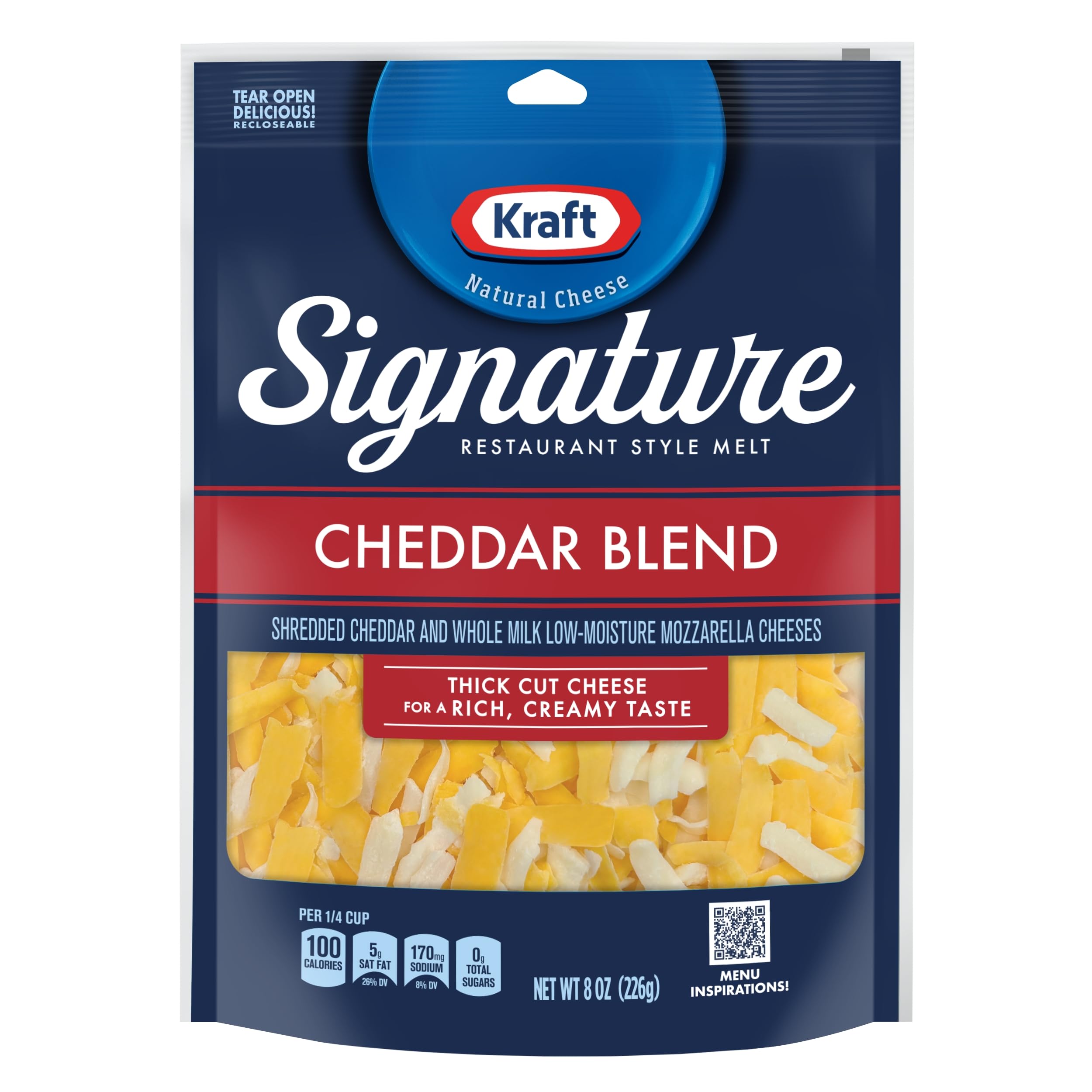 Kraft Signature Thick Shreds Cheddar Blend Cheese for Pizza Making Families Party Time Premium Slices 8 oz Bag