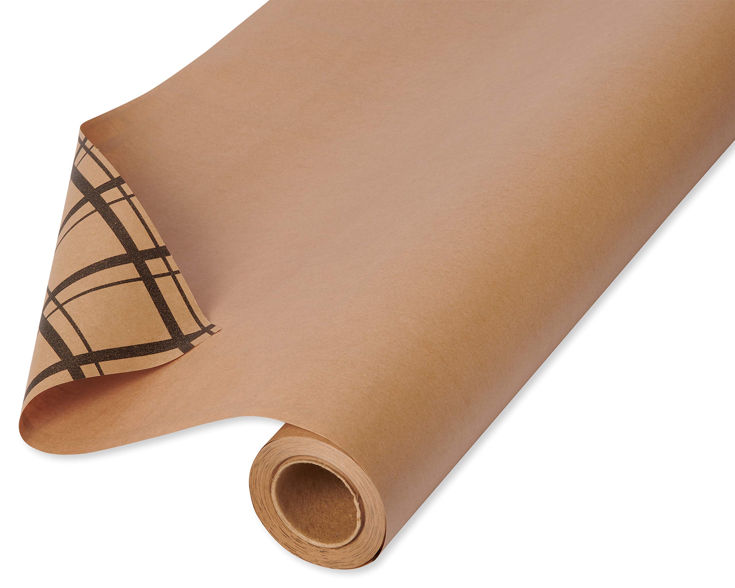 American Greetings Reversible Brown Wrapping Paper for All Occasions - Kraft Paper and Plaid (1 Jumbo Roll, 175 sq. ft.)